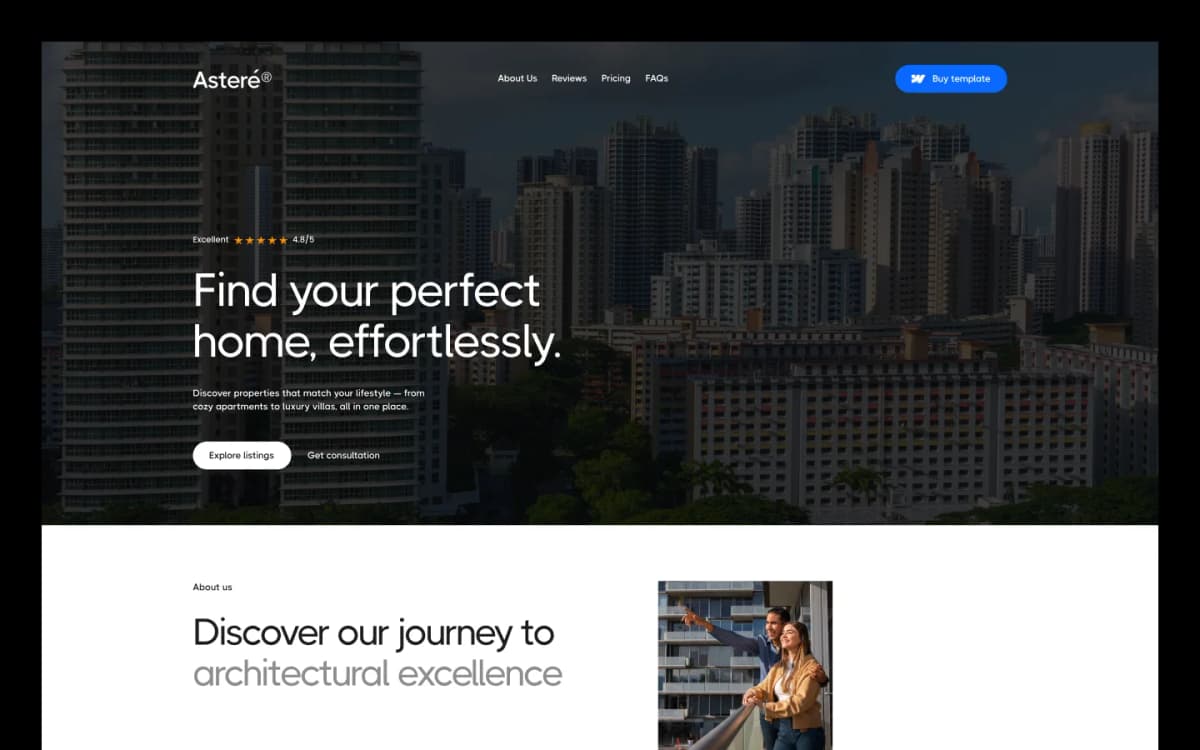 Asterer is a modern Webflow template for real estate agencies, property developers, architects, and property managers. Showcase properties, projects, achievements, testimonials, and services with a clean, responsive design.
